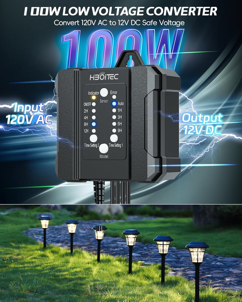 HIBOITEC 100W Low Voltage Landscape Transformer with 1-12H Timer and Photocell Sensor 120V AC to 12V DC Weatherproof Landscape Lighting Transformers for Outdoor LED Lights Spotlight Garden Light - Image 4